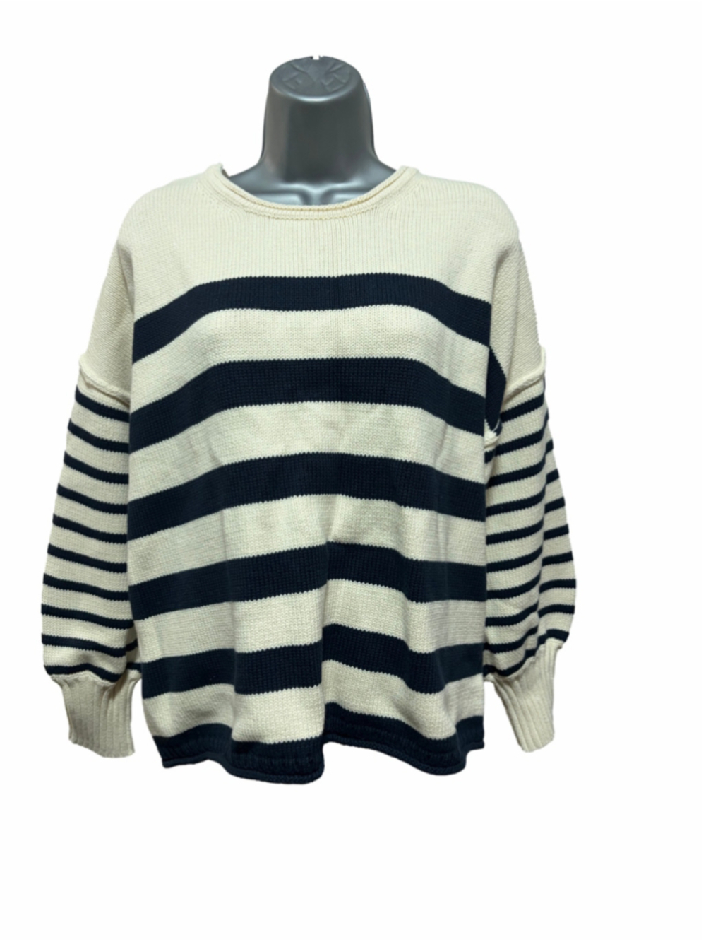NWT Madewell Conway Pullover Sweater in Mixed Stripe Antique Cream/Indigo MD